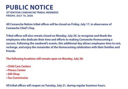 Office Closure, Comanche Chief's Day and 2026 Comanche Homecoming