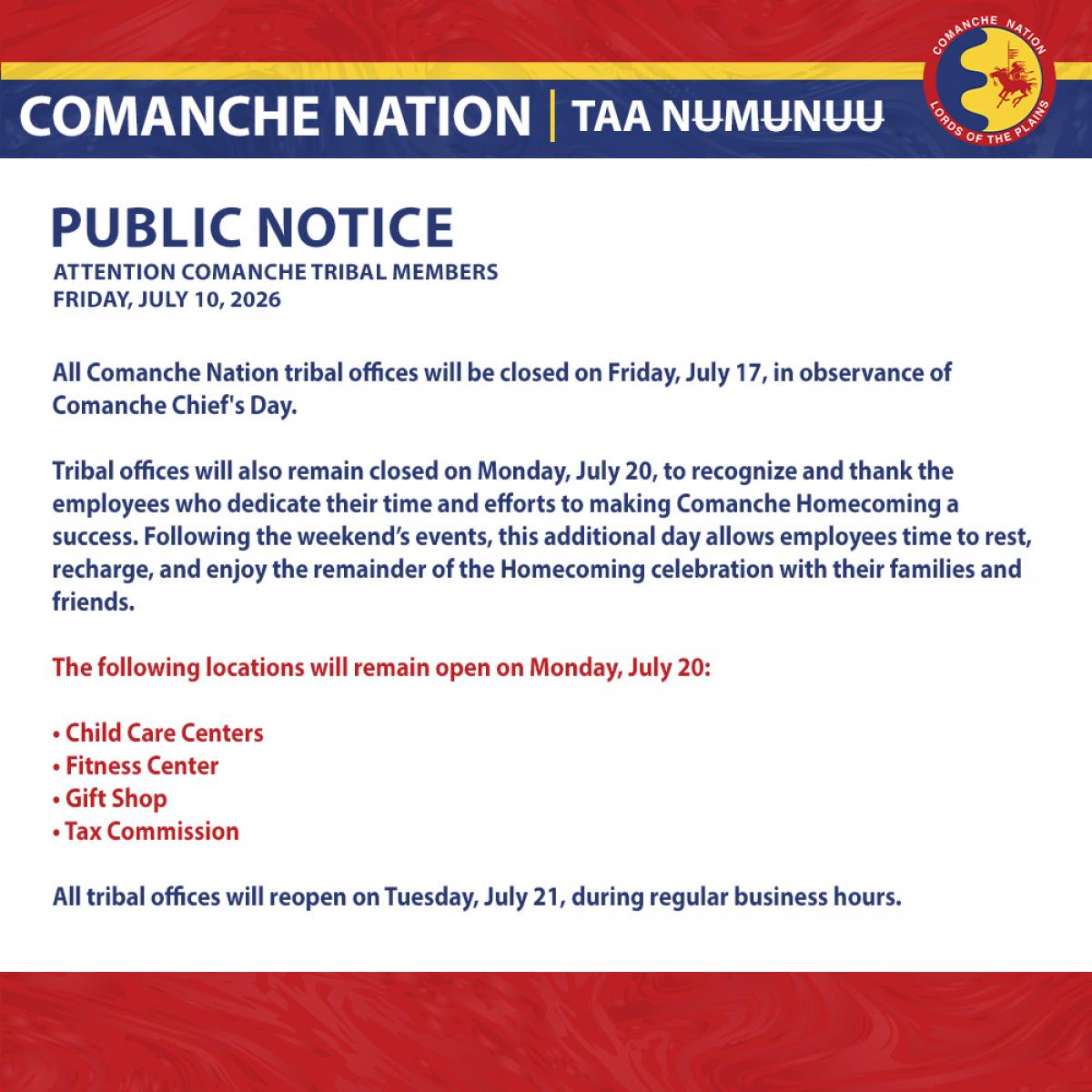 Office Closure, Comanche Chief's Day and 2026 Comanche Homecoming