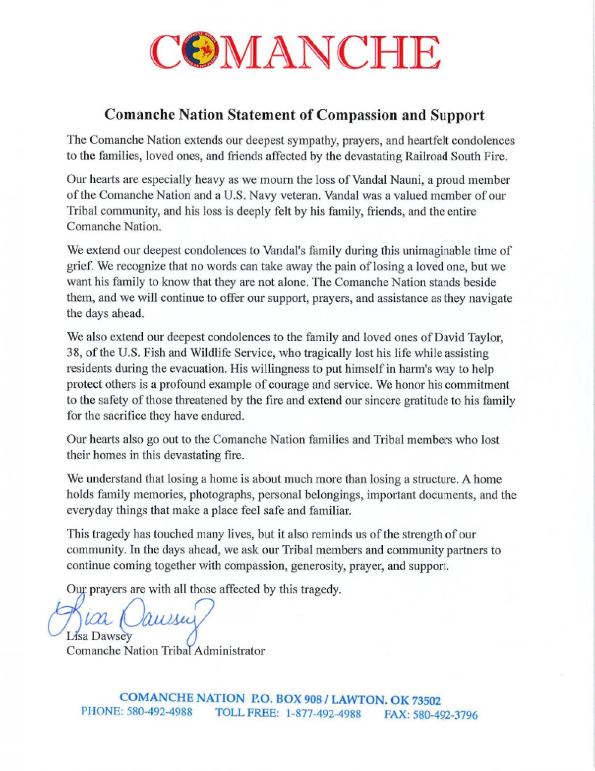 Comanche Nation Statement of Compassion and Support