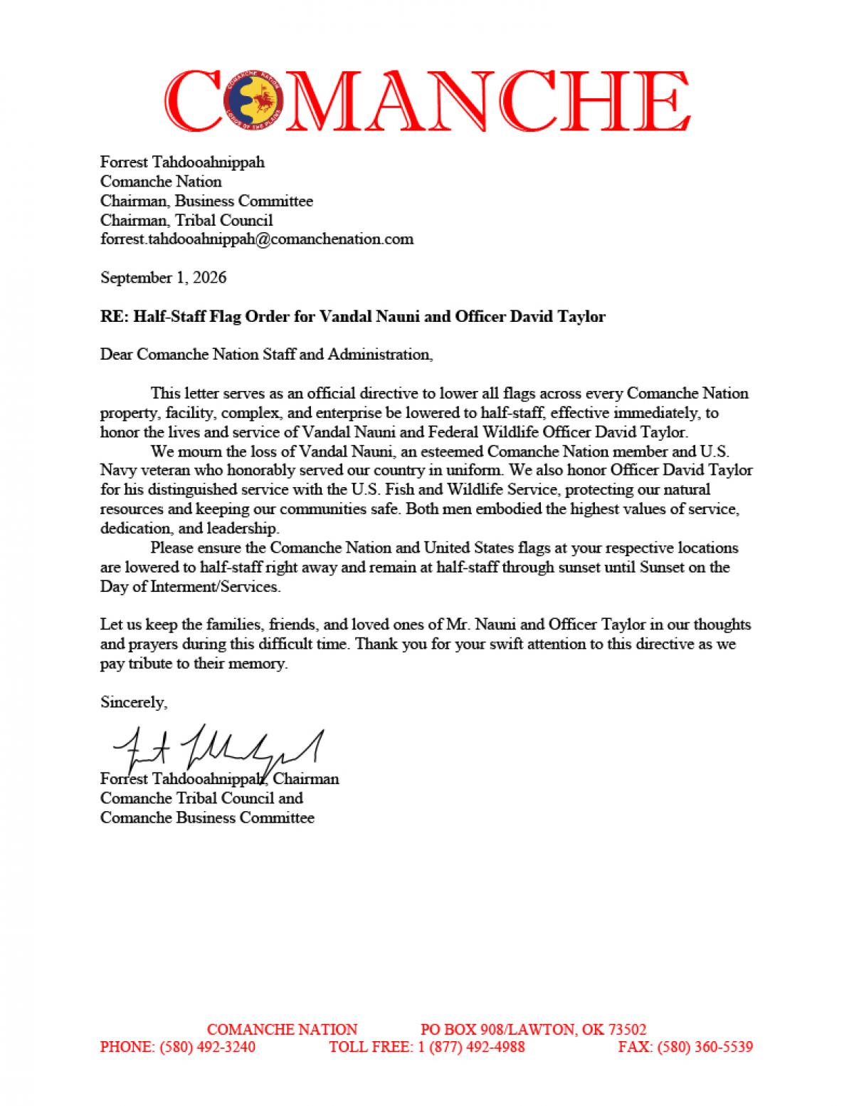 PSA: Half-Staff Flag Order for Vandal Nauni and Officer David Taylor